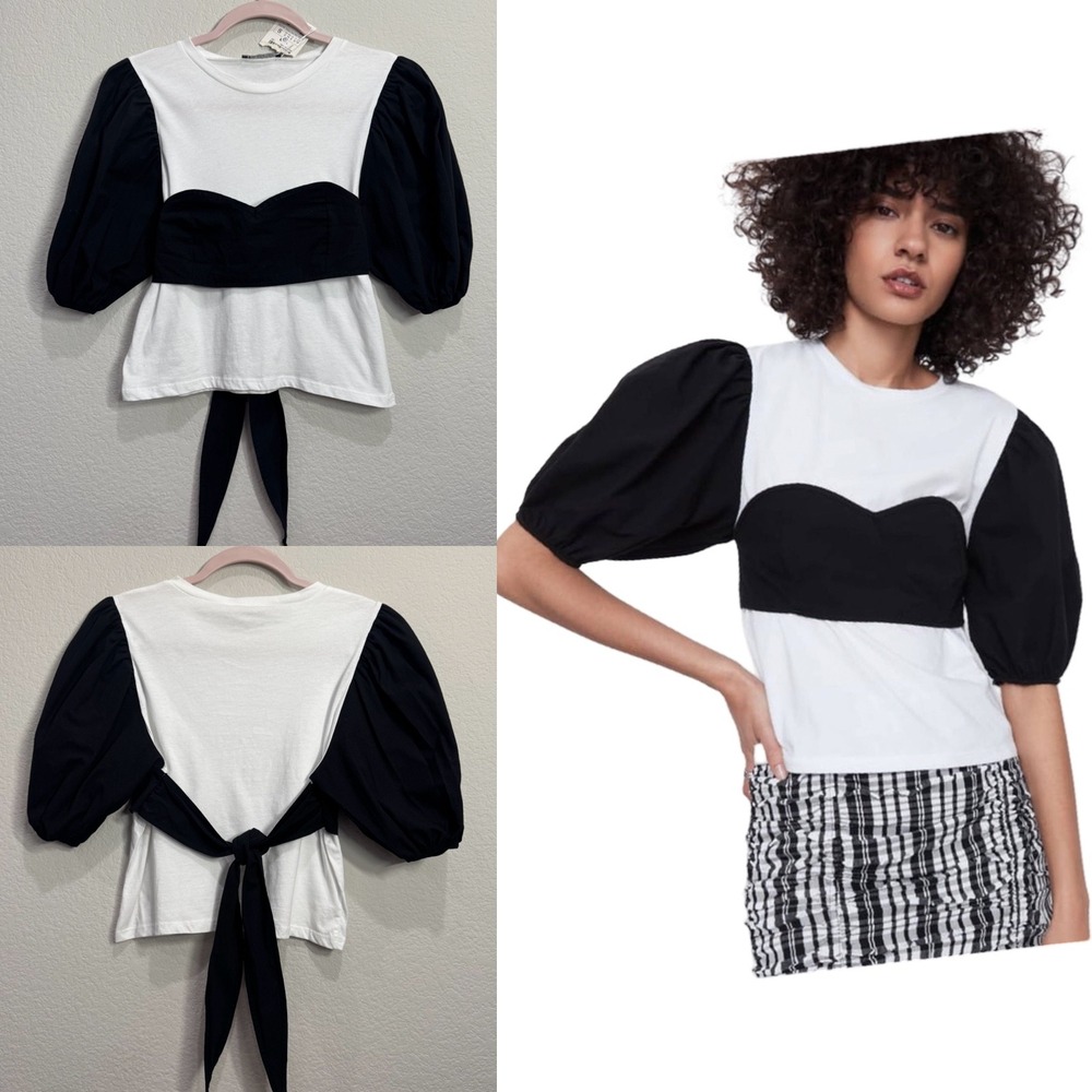 Zara Bustier Top Puff Sleeve Tie Back White Black Blouse Small Lightweight Bow